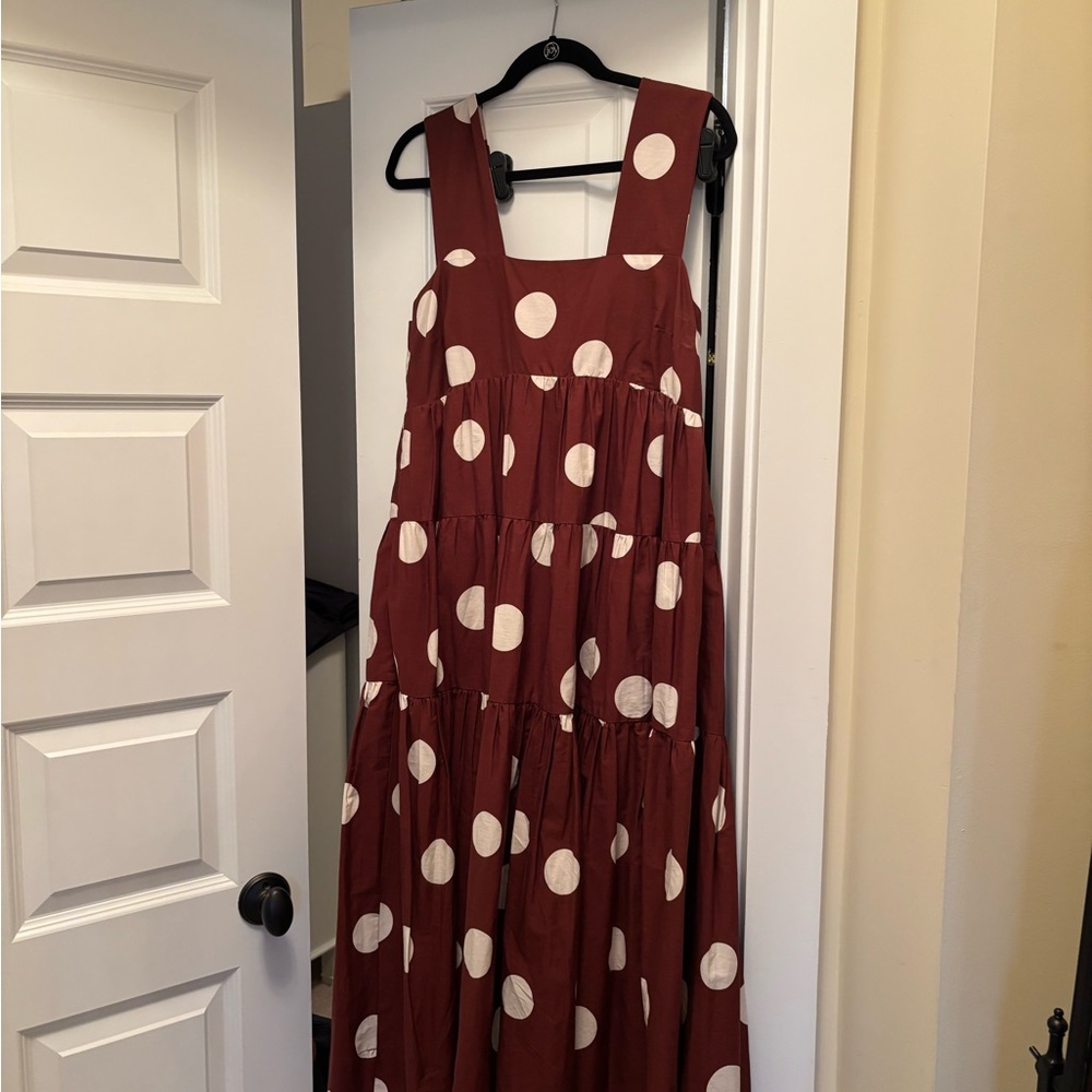 Anthropologie Rust Red and White Polka Dot Tiered Maxi Dress